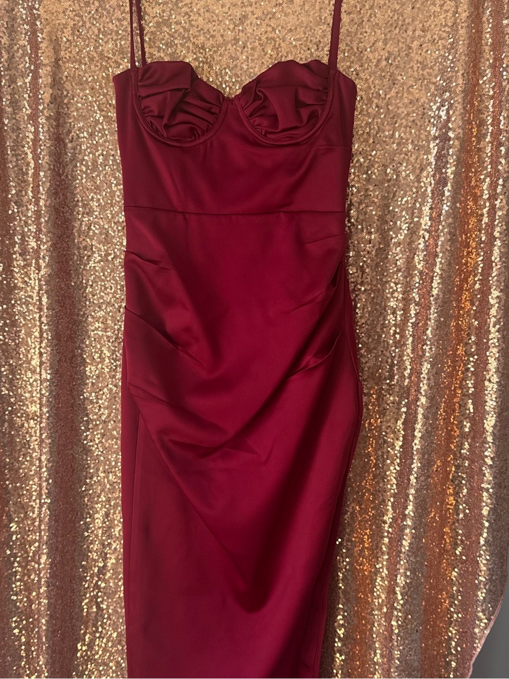 House of CB Wine Satin Midi Dress with Sweetheart Bust